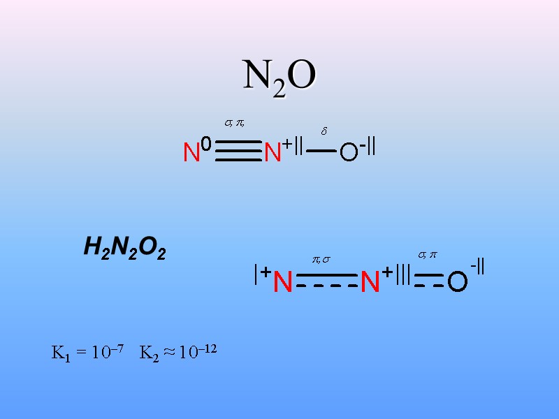 N2O H2N2O2 K1 = 10–7 K2 ≈ 10–12    , , 